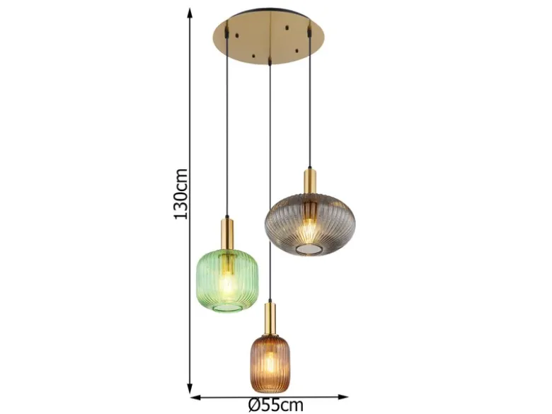 LED Pendelleuchte aus Rillenglas bunt mit 3 Glasschirmen, Ø 55cm
