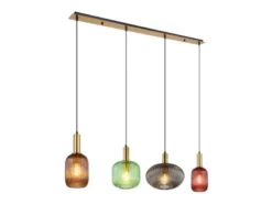 LED Pendelleuchte aus Rillenglas bunt mit 4 Glasschirmen, Breite 115cm