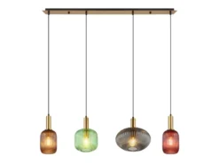 LED Pendelleuchte aus Rillenglas bunt mit 4 Glasschirmen, Breite 115cm