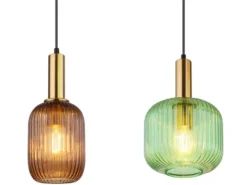 LED Pendelleuchte aus Rillenglas bunt mit 4 Glasschirmen, Breite 115cm