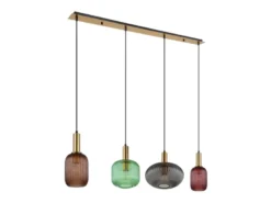 LED Pendelleuchte aus Rillenglas bunt mit 4 Glasschirmen, Breite 115cm