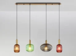 LED Pendelleuchte aus Rillenglas bunt mit 4 Glasschirmen, Breite 115cm