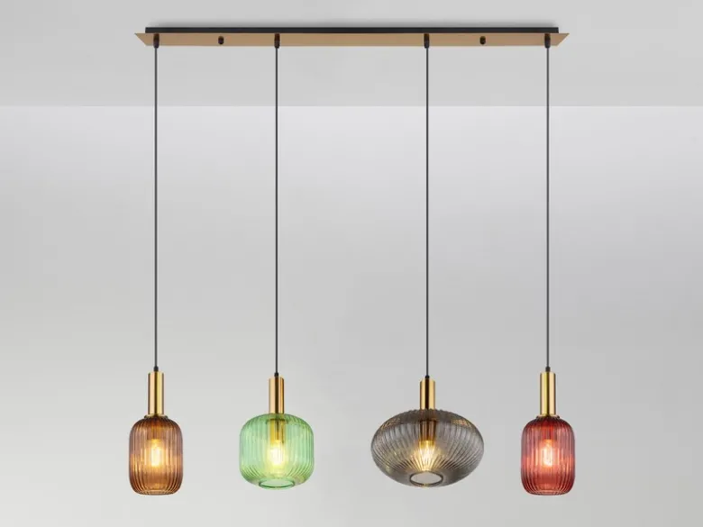 LED Pendelleuchte aus Rillenglas bunt mit 4 Glasschirmen, Breite 115cm