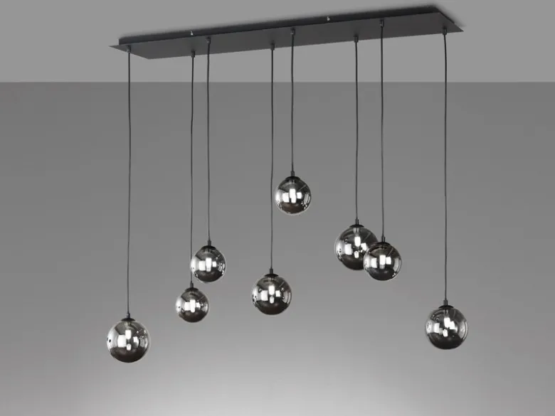 LED Pendelleuchte BALA 8-flammig Schwarz mit Rauchglas Kugeln, Breite 115cm