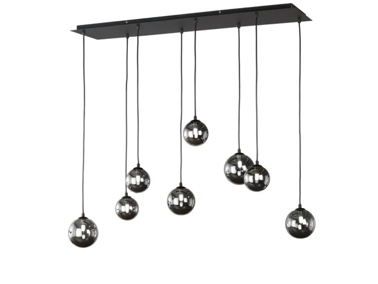 LED Pendelleuchte BALA 8-flammig Schwarz mit Rauchglas Kugeln, Breite 115cm
