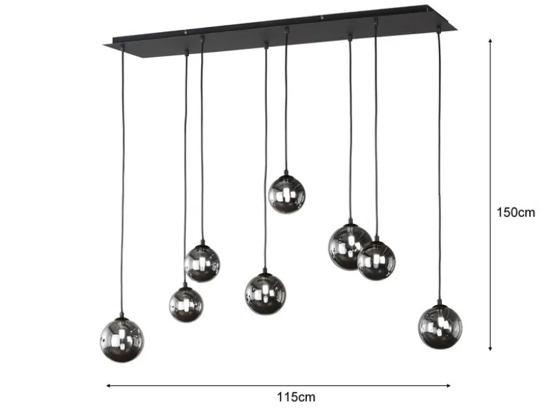 LED Pendelleuchte BALA 8-flammig Schwarz mit Rauchglas Kugeln, Breite 115cm