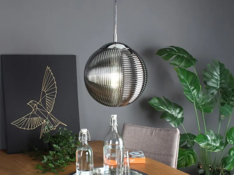 LED Pendelleuchte einflammig mit Relief Glaskugel aus Rauchglas, Ø 25cm
