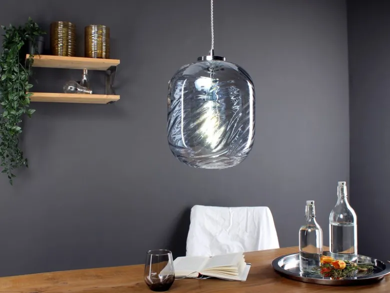 LED Pendelleuchte einflammig Wellenmuster Glasschirm in Blau, Ø 24,5cm