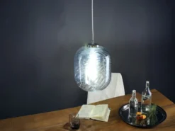 LED Pendelleuchte einflammig Wellenmuster Glasschirm in Blau, Ø 24,5cm