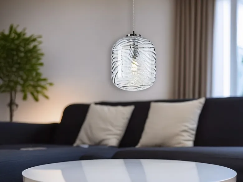 LED Pendelleuchte einflammig Wellenmuster Glasschirm in Blau, Ø 24,5cm