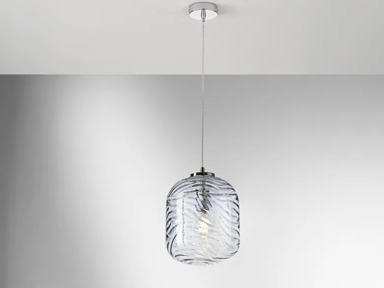 LED Pendelleuchte einflammig Wellenmuster Glasschirm in Blau, Ø 24,5cm