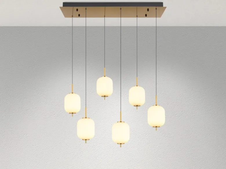 LED Pendelleuchte EWALD 6-flammig aus Metall Messing & Opalglas, B: 80,5cm