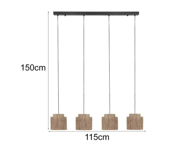 LED Pendelleuchte 4-flammig aus Jute Natur im Boho Stil, Breite 115cm