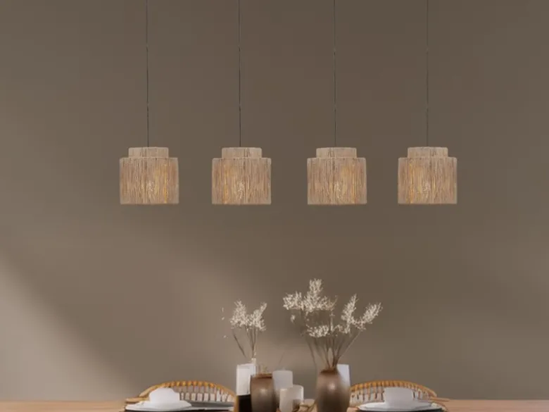LED Pendelleuchte 4-flammig aus Jute Natur im Boho Stil, Breite 115cm