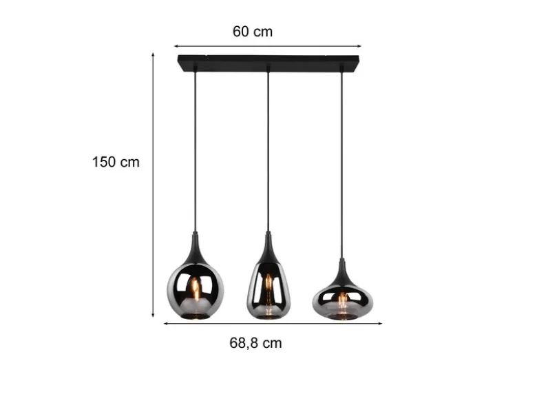 LED Pendelleuchte 3 flammig Glas Chrom verspiegelt & Rauchglas Optik, B: 69cm