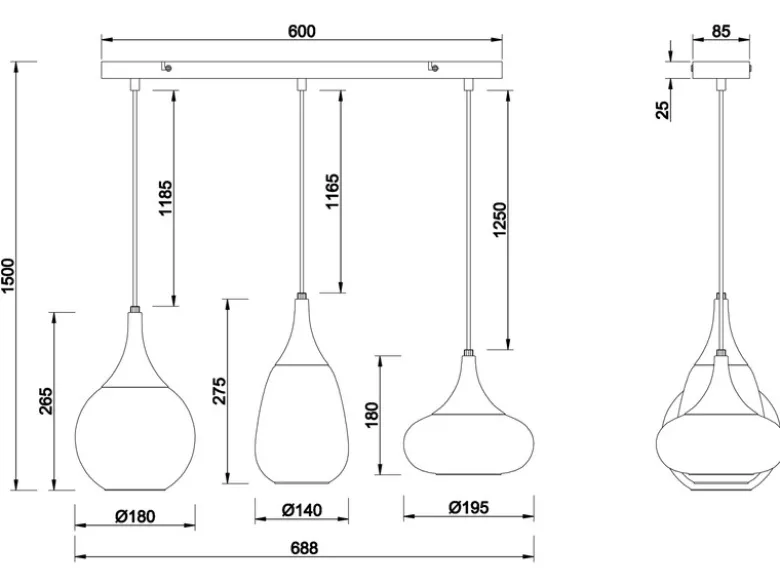 LED Pendelleuchte 3 flammig Glas Chrom verspiegelt & Rauchglas Optik, B: 69cm