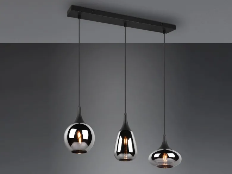 LED Pendelleuchte 3 flammig Glas Chrom verspiegelt & Rauchglas Optik, B: 69cm