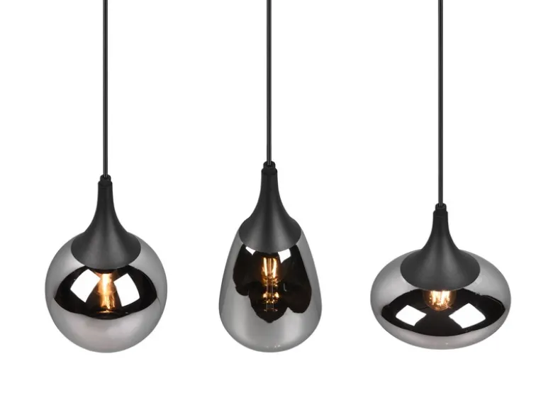 LED Pendelleuchte 3 flammig Glas Chrom verspiegelt & Rauchglas Optik, B: 69cm