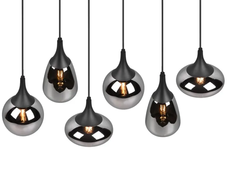 LED Pendelleuchte 6 flammig Glas Chrom verspiegelt & Rauchglas Optik, B: 93cm