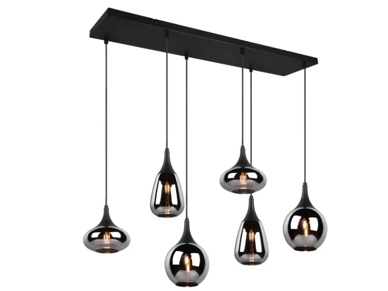 LED Pendelleuchte 6 flammig Glas Chrom verspiegelt & Rauchglas Optik, B: 93cm