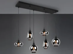 LED Pendelleuchte 6 flammig Glas Chrom verspiegelt & Rauchglas Optik, B: 93cm