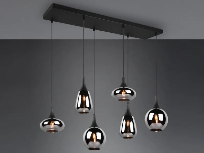 LED Pendelleuchte 6 flammig Glas Chrom verspiegelt & Rauchglas Optik, B: 93cm