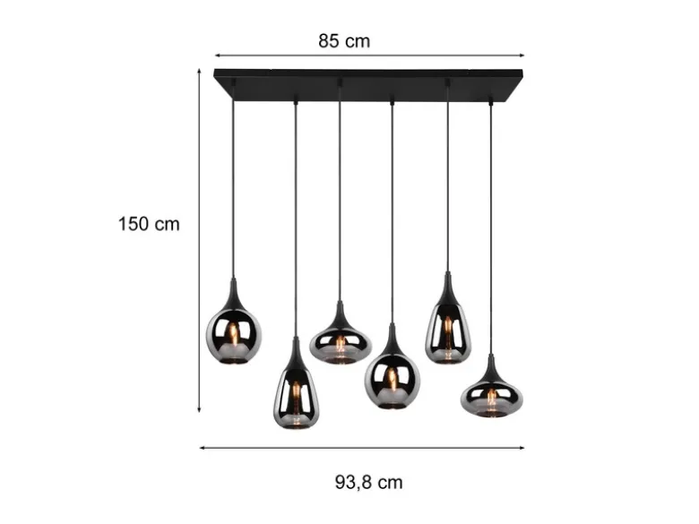 LED Pendelleuchte 6 flammig Glas Chrom verspiegelt & Rauchglas Optik, B: 93cm