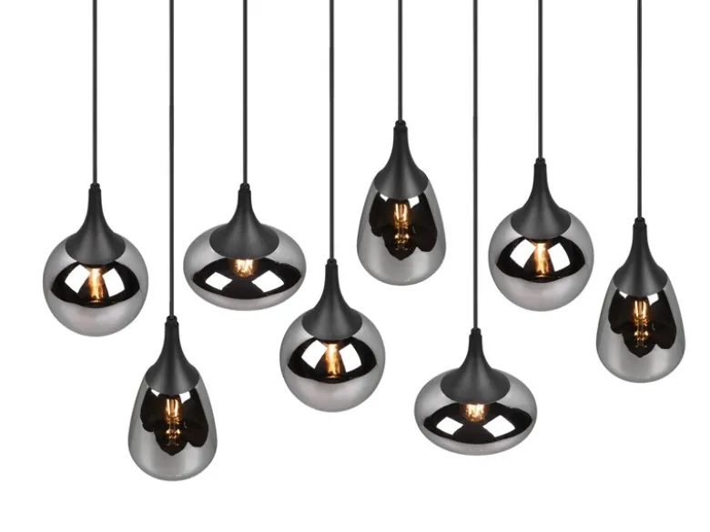 LED Pendelleuchte 8 flammig Glas Chrom verspiegelt & Rauchglas Optik, B: 121cm