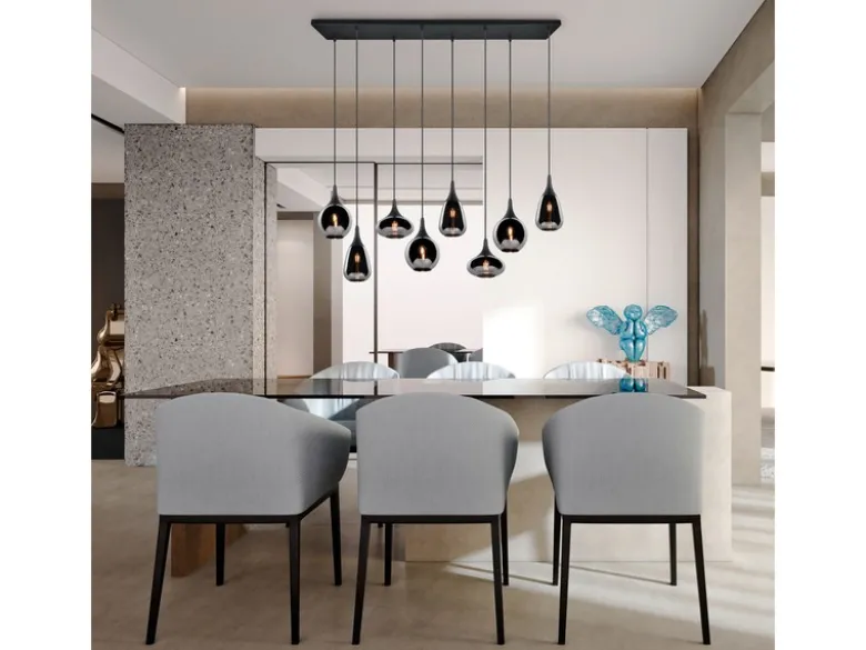 LED Pendelleuchte 8 flammig Glas Chrom verspiegelt & Rauchglas Optik, B: 121cm