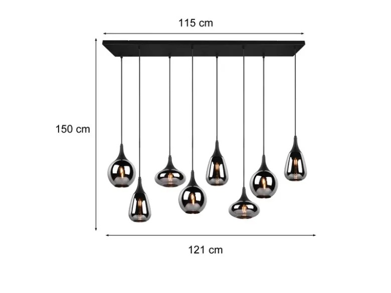 LED Pendelleuchte 8 flammig Glas Chrom verspiegelt & Rauchglas Optik, B: 121cm
