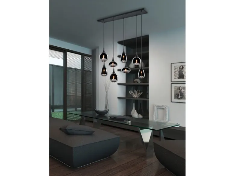 LED Pendelleuchte 8 flammig Glas Chrom verspiegelt & Rauchglas Optik, B: 121cm