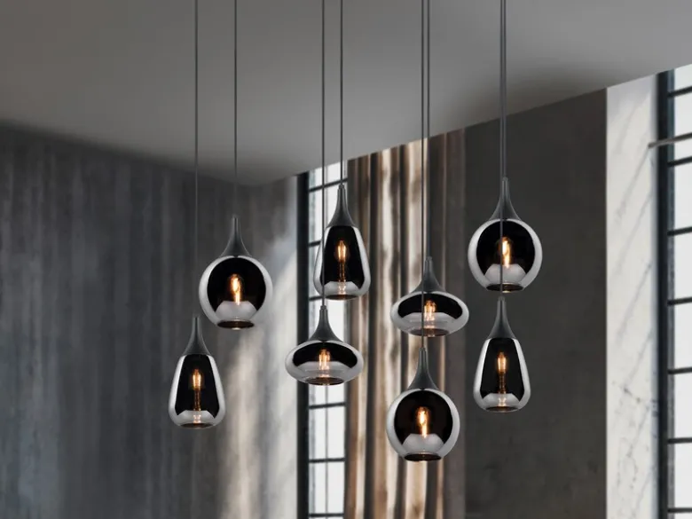 LED Pendelleuchte 8 flammig Glas Chrom verspiegelt & Rauchglas Optik, B: 121cm