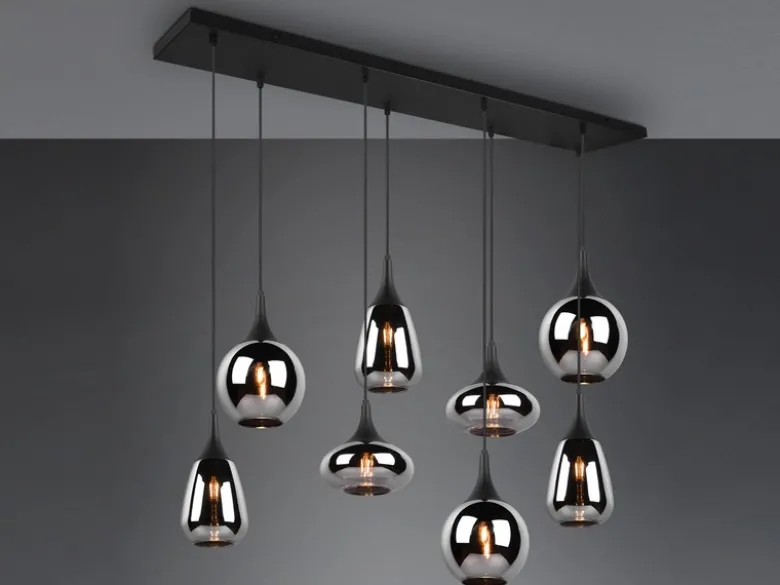 LED Pendelleuchte 8 flammig Glas Chrom verspiegelt & Rauchglas Optik, B: 121cm