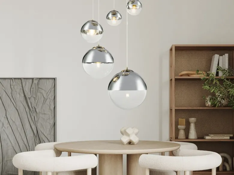 LED Pendelleuchte 5-flammig, Glaskugeln Chrom & Klarglas, Ø 65cm