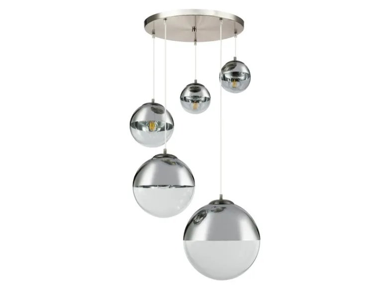 LED Pendelleuchte 5-flammig, Glaskugeln Chrom & Klarglas, Ø 65cm