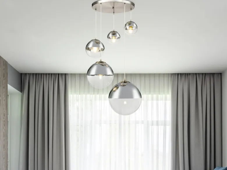 LED Pendelleuchte 5-flammig, Glaskugeln Chrom & Klarglas, Ø 65cm
