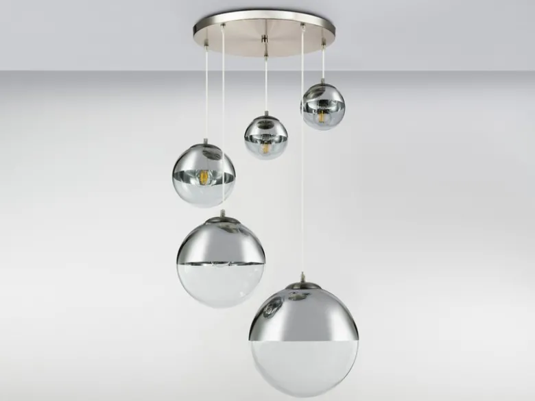 LED Pendelleuchte 5-flammig, Glaskugeln Chrom & Klarglas, Ø 65cm
