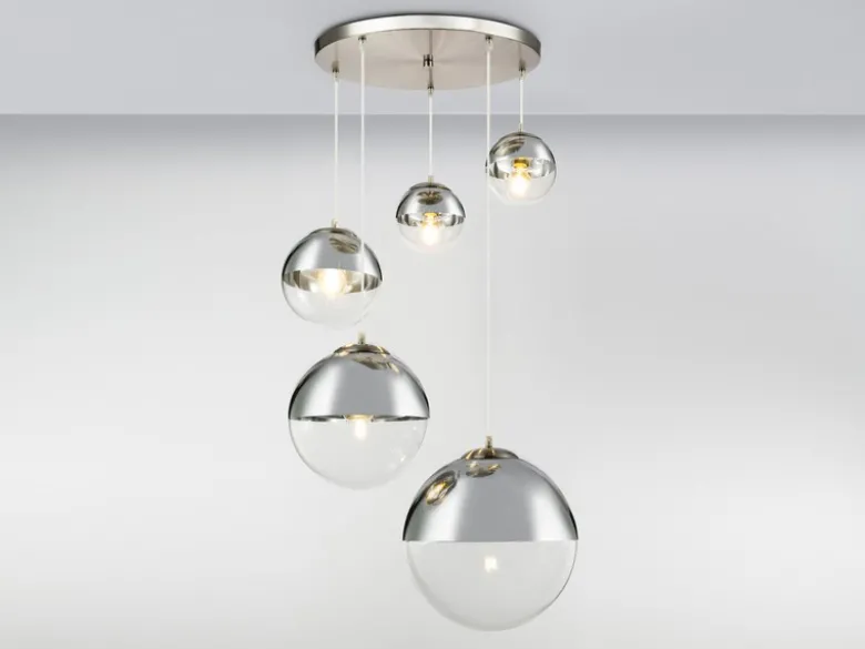 LED Pendelleuchte 5-flammig, Glaskugeln Chrom & Klarglas, Ø 65cm