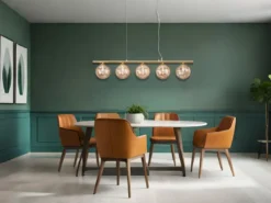 LED Pendelleuchte 5-flammig Gold-Glaskugeln Bernstein, Breite 100cm