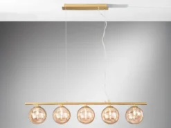 LED Pendelleuchte 5-flammig Gold-Glaskugeln Bernstein, Breite 100cm