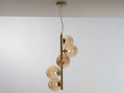 LED Pendelleuchte 5-flammig Gold-Glaskugeln Bernsteinfarbig, Höhe 183cm