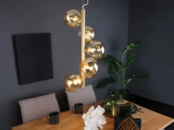 LED Pendelleuchte 5-flammig Gold-Glaskugeln Bernsteinfarbig, Höhe 183cm