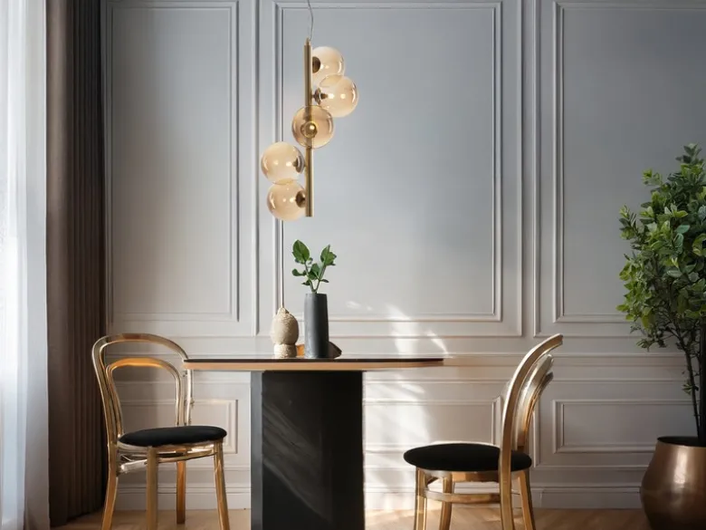 LED Pendelleuchte 5-flammig Gold-Glaskugeln Bernsteinfarbig, Höhe 183cm