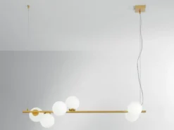 LED Pendelleuchte 6-flammig Gold mit Glaskugeln in Opalweiß, Breite 120cm
