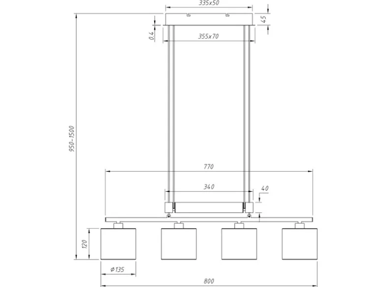 LED Pendelleuchte 4-flammig Grau höhenverstellbar mit Stoffschirmen, B: 80cm