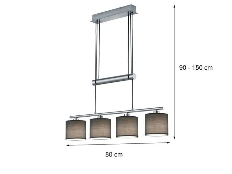 LED Pendelleuchte 4-flammig Grau höhenverstellbar mit Stoffschirmen, B: 80cm