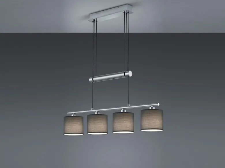 LED Pendelleuchte 4-flammig Grau höhenverstellbar mit Stoffschirmen, B: 80cm