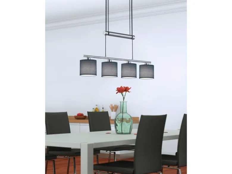 LED Pendelleuchte 4-flammig Grau höhenverstellbar mit Stoffschirmen, B: 80cm