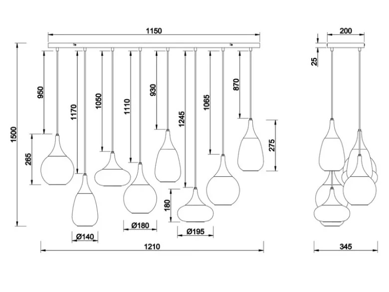 LED Pendelleuchte 8-flammig groß mit Glas amberfarbig, Breite 121cm