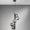 LED Pendelleuchte 5 flammig in Schwarz-Glaskugeln Rauchglas, Höhe 183cm